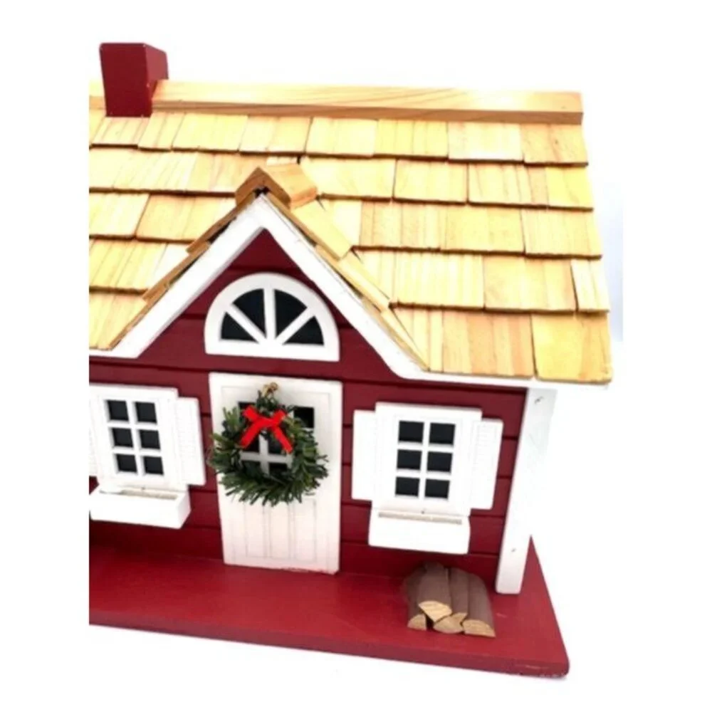 NWT Decorative Red & White Birdhouse w/Shingle Roof & Festive Holiday Accents